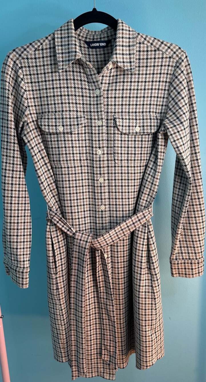 Lands' End Houndstooth Plaid Belted Dress XS